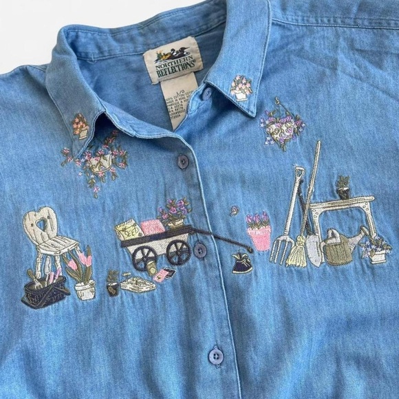 90s Northern Reflections 2pc Embroidered Flowers Gardening Button Down & Tee L - Picture 2 of 8